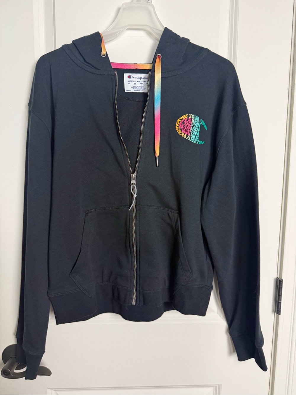 Champion Black Zip-Up Hoodie with Rainbow Drawstrings